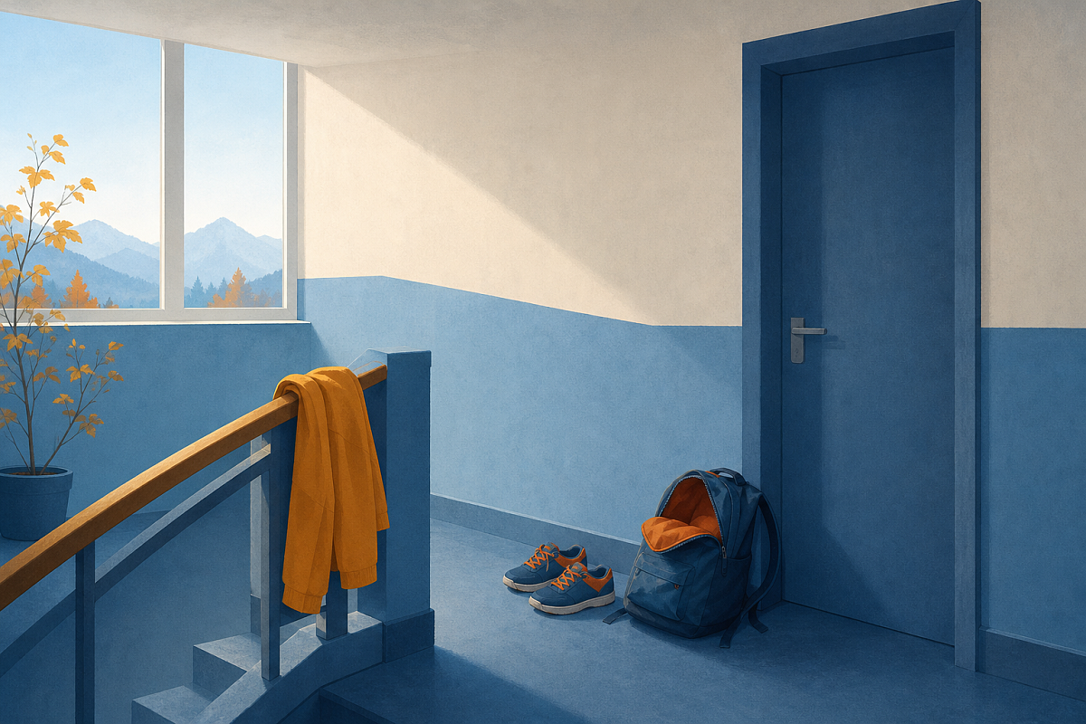 Illustration: ruhiges Treppenhaus mit Turnschuhen und Rucksack vor einer Wohnungstür, eine Jacke hängt über dem Geländer